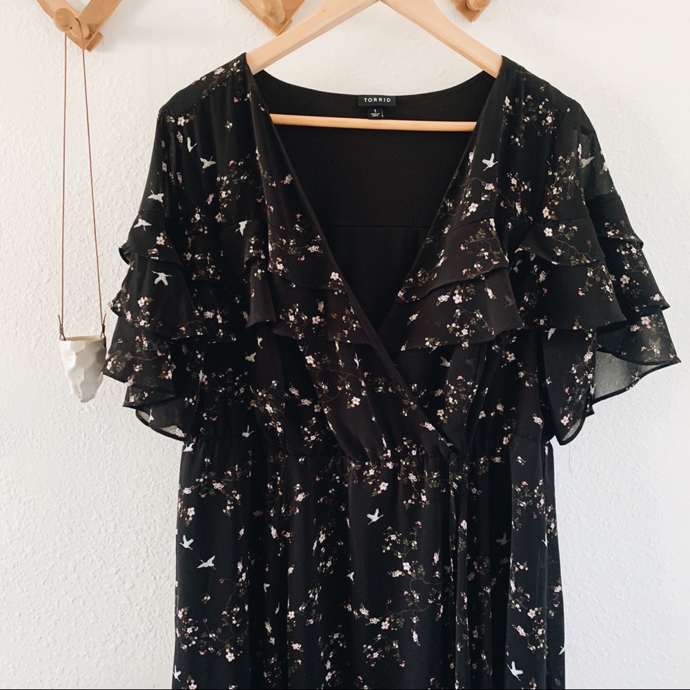 Torrid Black Floral Ruffles Chiffan Dress